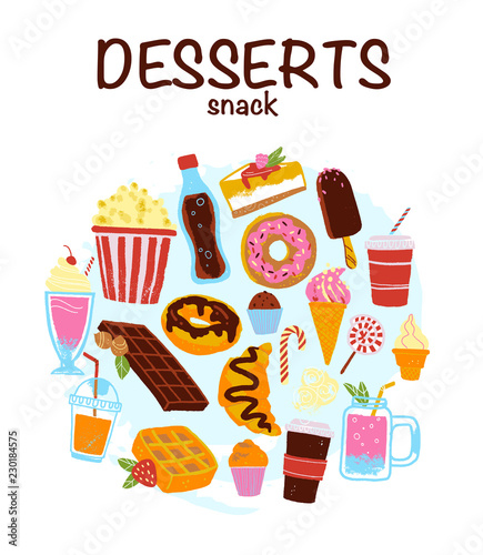 Vector set of hand drawn desserts, snacks & drinks isolated on white background. Soda, popcorn, ice cream, donut, cupcake, coffee to go, cheesecake etc. Sketch style. Good for menu design, advertising