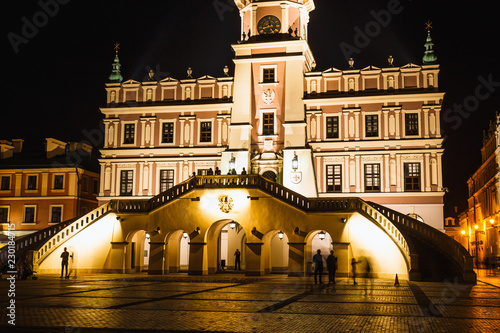 Great Market Square in Zamosc at night. Example of a Renaissance town in Central Europe
