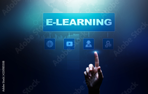 E-learning, Online education, internet studying. Business, technology and personal development concept on virtual screen.