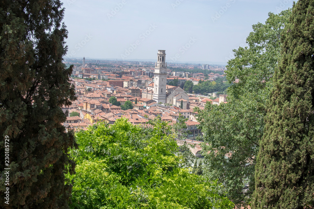 Panoramic view of the city from Castel San Pietro, summer season in Verona city