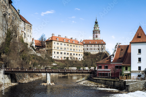 Castle and chateau in Cesky Krumlov, Chateau Cesky Krumlov with bridge and Vltava River, Czech Republic