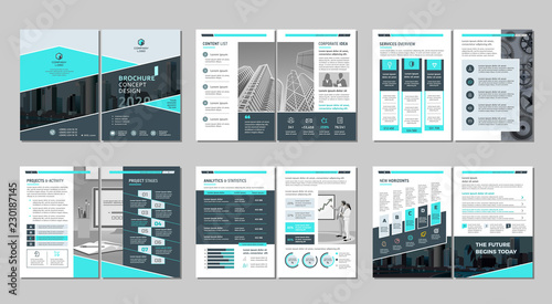 Brochure creative design. Multipurpose template with cover, back and inside pages. Trendy minimalist flat geometric design. Vertical a4 format.