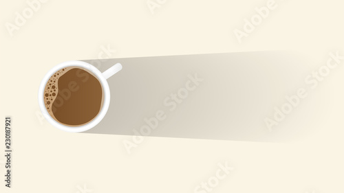 Top view cup of coffee on a light with long shadow copy space for text for background 