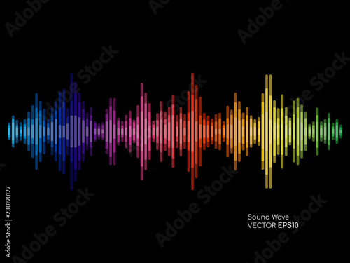 Vector sound waves dynamic colorful light flow on black background for music concept background.