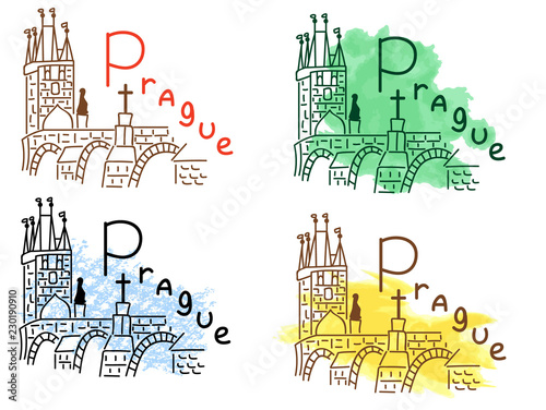 Prague Charles bridge sketch with watercolor and color pencil grunge vector illustration