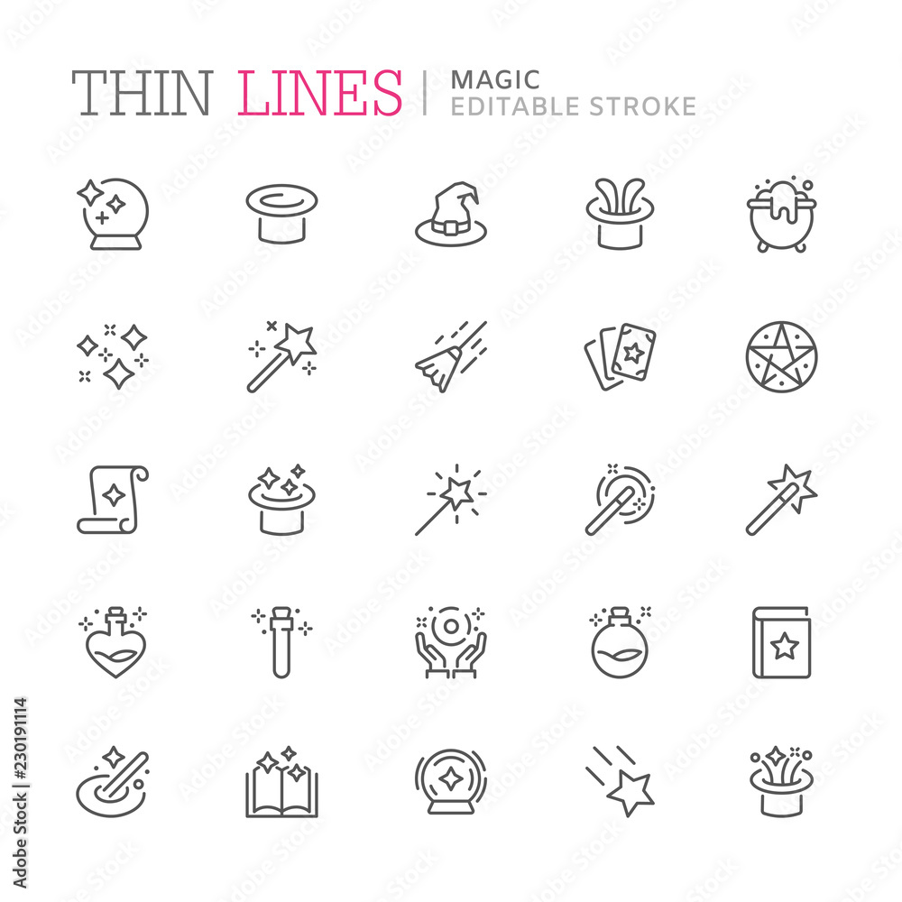 Collection of magic related line icons. Editable stroke Collection of magic related line icons. Editable stroke