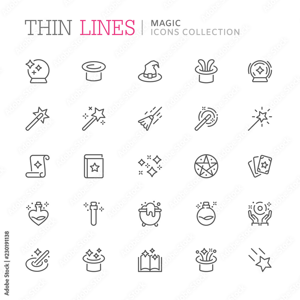 Collection of magic related line icons. Editable stroke