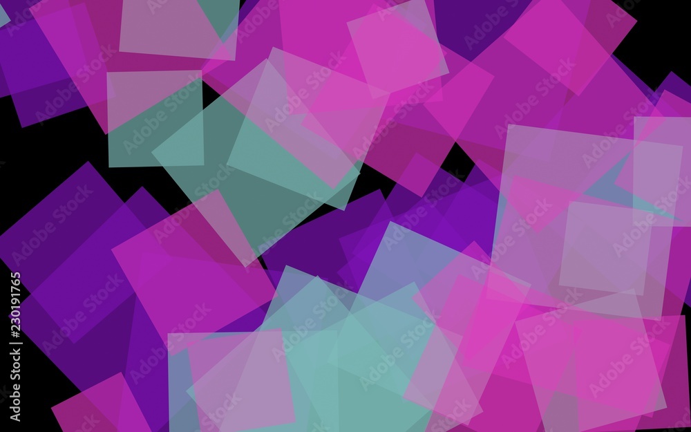 Fototapeta premium Multicolored translucent squares on dark background. Pink tones. 3D illustration