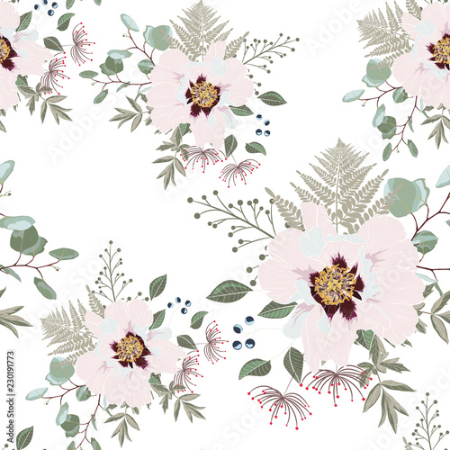 Blush pink bouquets on the white background. Seamless pattern with delicate flowers. Dahlia, peony, fern and herbs. Romantic garden illustration.