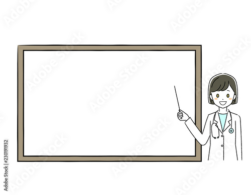 白衣の女性とメッセージボード