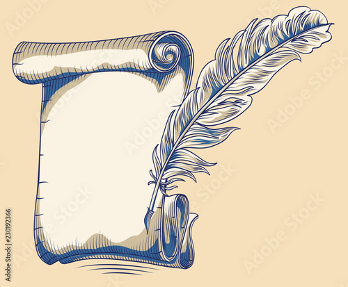 Drawn old paper scroll and feather