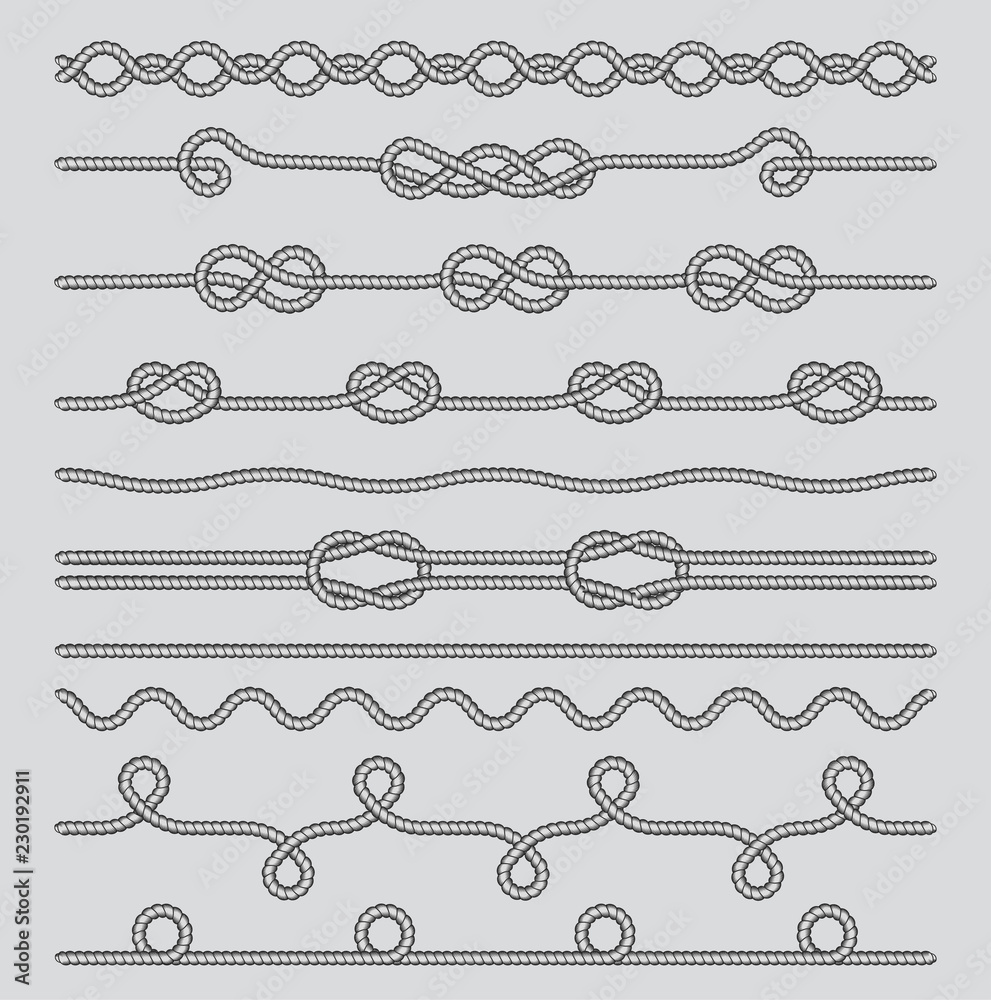 Fototapeta premium Set of Rope and knots. Decorative elements. Vector illustration collection.