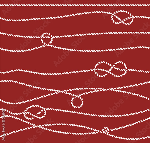 Vector Marine Rope and Knot Seamless Pattern. White rope ornament and nautical knots. For fabric, wallpaper, wrapping.