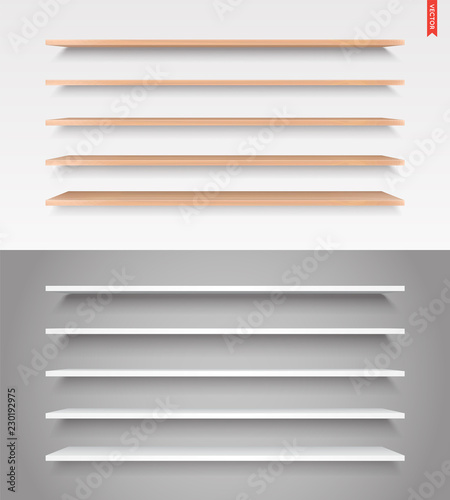 Set of Glass, Wood, Plastic, Metal Long Shelves in Vector Isolated on the Wall Background