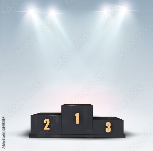 Trophy Cup on prize podium. First, second and third place award. Champions or winners Infographic elements. Black Vector illustration on white background.