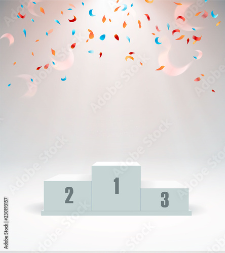 White winners podium with red carpet and confetti. Stage for awards ceremony. Pedestal. Spotlight. Vector illustration.