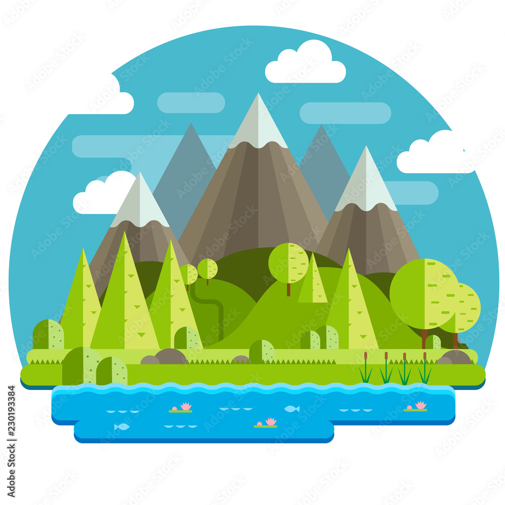 Simple vector of a mountain landscape with hills and a lake with plants and fish.