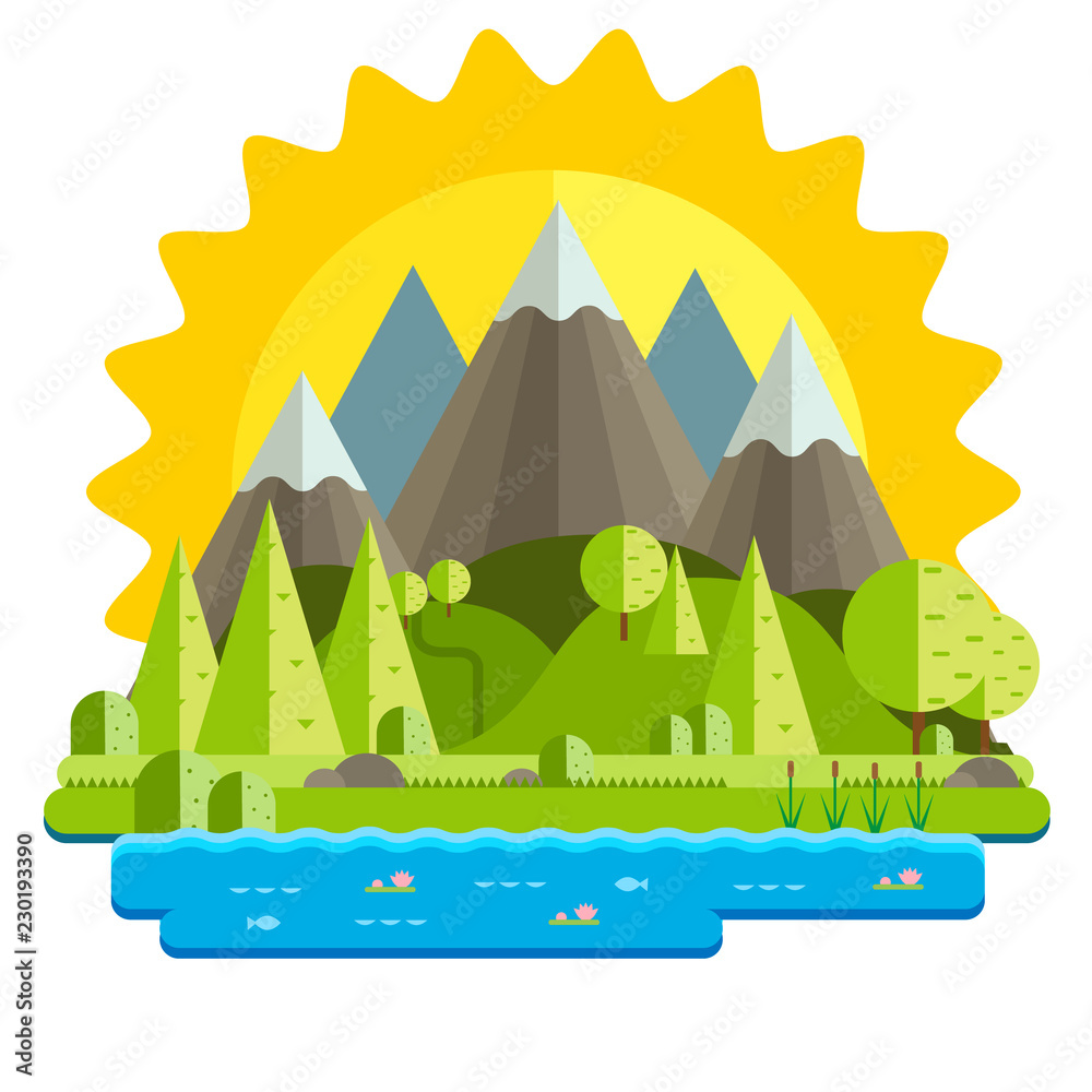 Simple vector of a mountain landscape with hills and a lake, with a huge sun in the background.