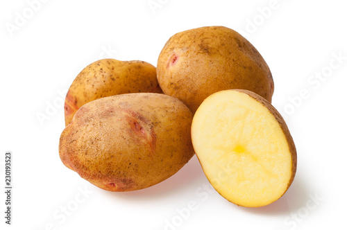 Potatoes isolated on background. Set of whole, slices, half potatoes.
