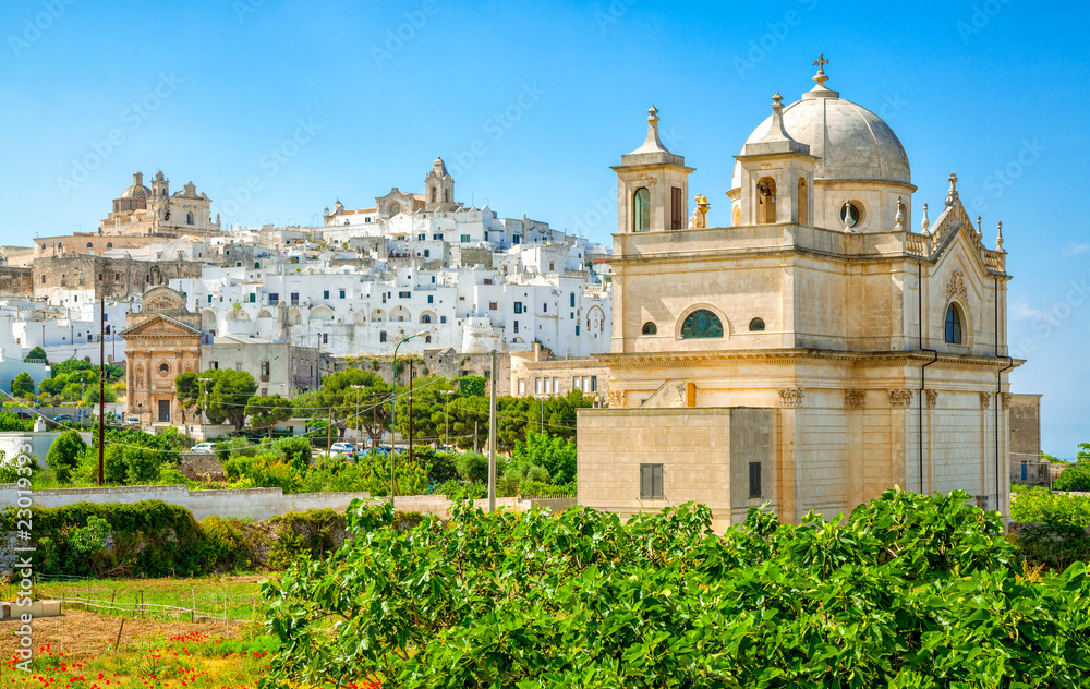 Panoramic view of Ostuni (white town), province of Brindisi, Apulia, southern Italy.