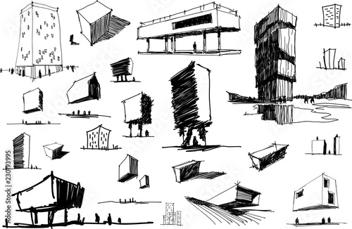 many hand drawn architectectural sketches of a modern abstract architecture nad geometric objects and urban ideas and drafts
