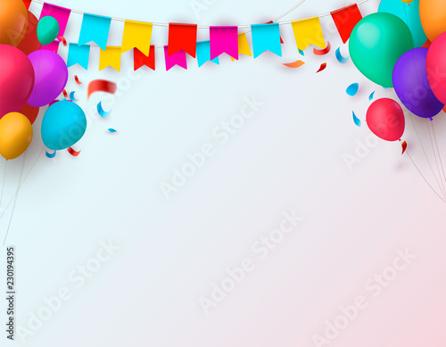 Celebrate banner. Party flags with confetti and balloons. Vector illustration.