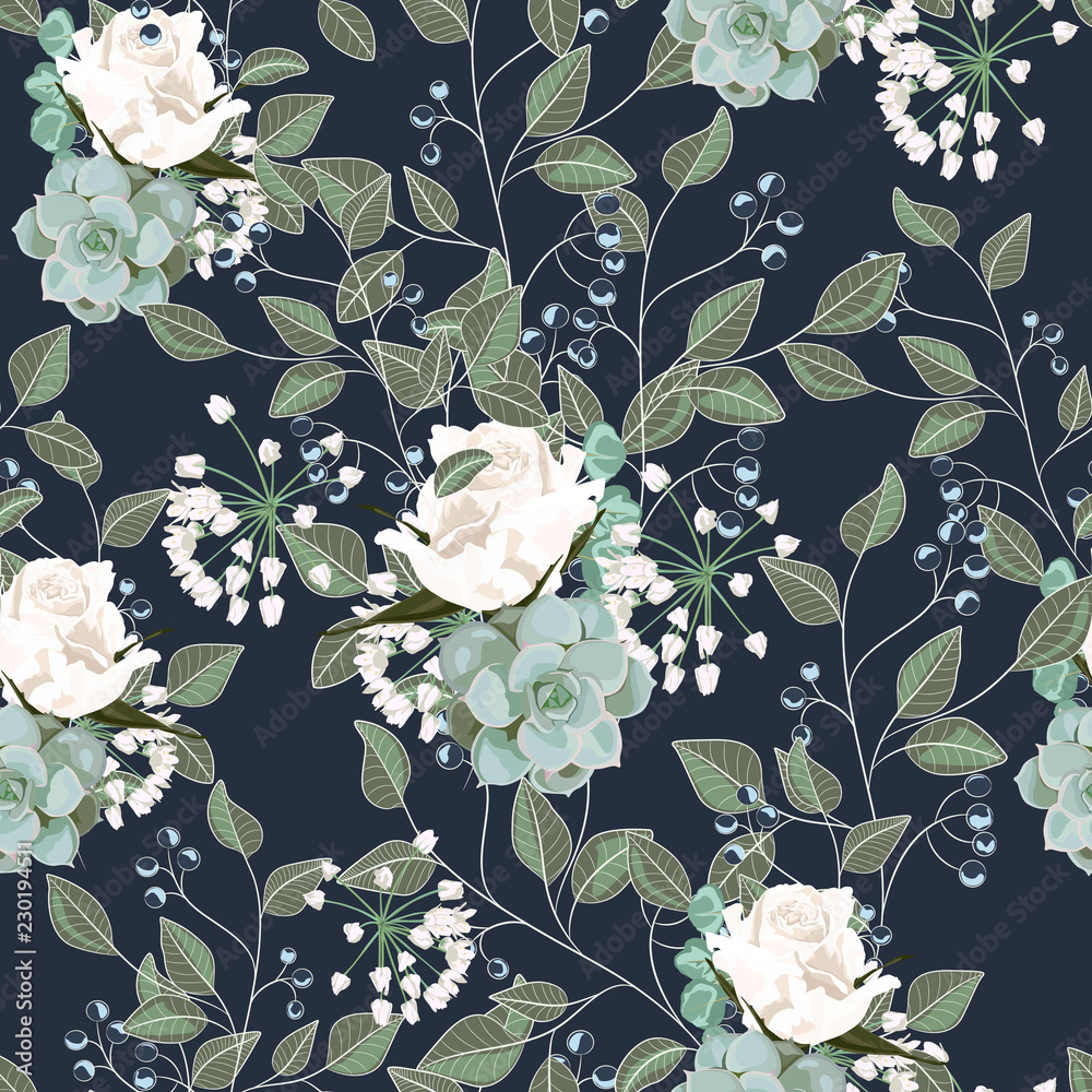Floral pattern with roses, eucalyptus and berries