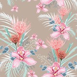 Pink orchid, protea, herbs, succulent, palm leaves and greenery seamless pattern. Wedding flowers for tropical invitation card design on brown background. Boho rustic style.