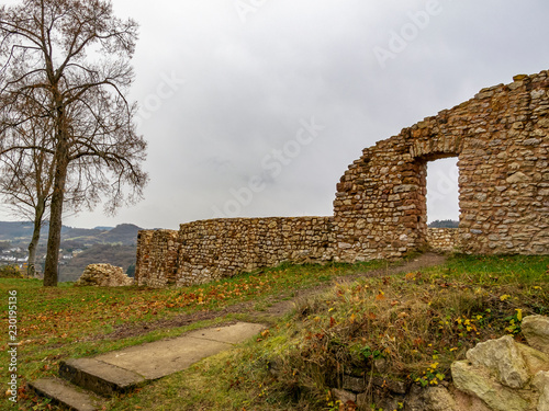 The ruins of Gerolstein Castle, Gerhardstein Castle or Loewenburg, at Gerolstein, Rhineland-Palatinate, Germany in November photo