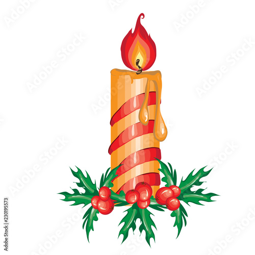 Christmas sketch with burning candle on leaves of Holly. Sample of the poster, invitation and other cards. Vector illustration.