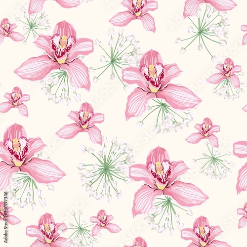 Watercolor style white herbs and pink orchid flowers seamless pattern. Decorative background in vintage style for wedding invite, fabric.