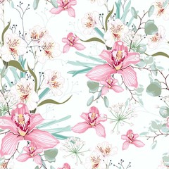 Wandcirkels Orchidee patronen Paradijsorchideeën op witte achtergrond  © Iuliia