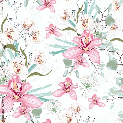 Seamless tropical pattern, with paradise orchid flower in bloom. Modern summer spring print design. White background. Tenderness wedding backdrop. © Iuliia