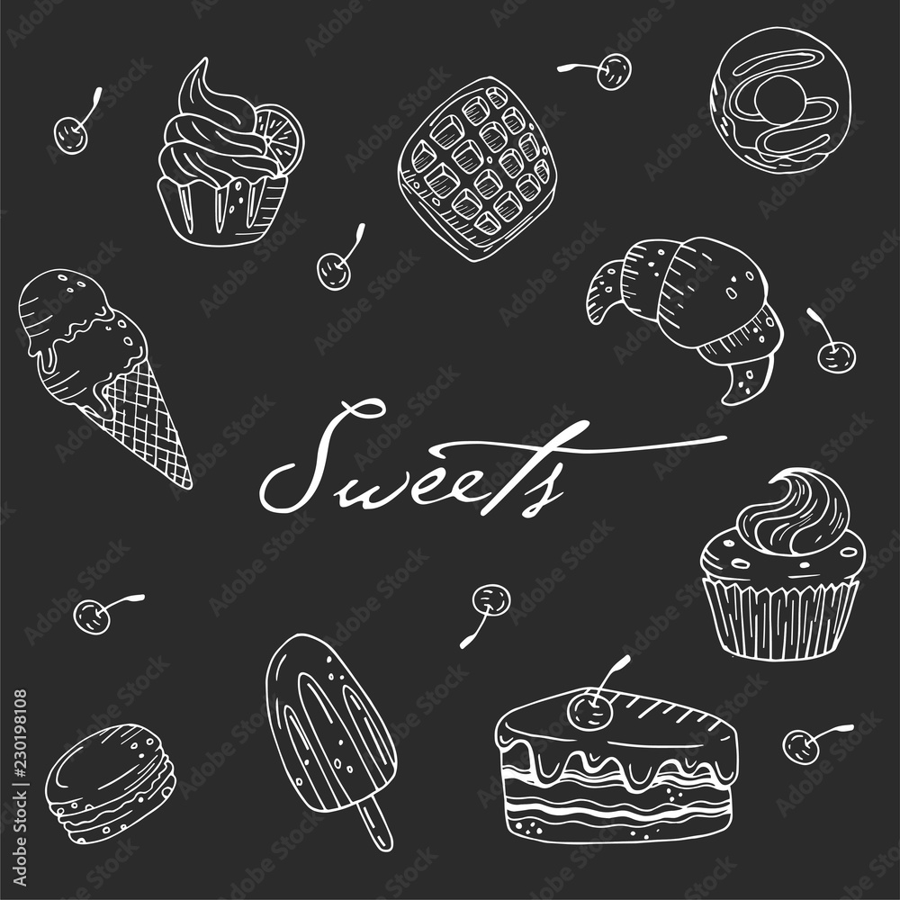 Seamless vector pattern with hand drawn sweets on a chalkboard background Seamless vector pattern with hand drawn sweets on a chalkboard background