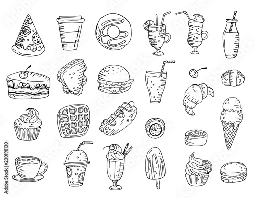 Black and white set of elements with hand drawn food