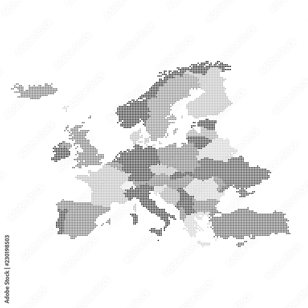 Dotted grey europe map flat vector illustration. Countries are signed in the layers