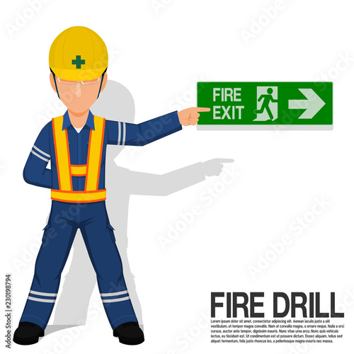 A worker is presenting the fire exit