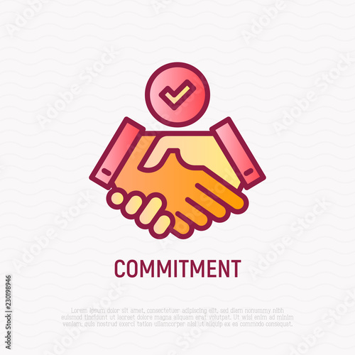 Commitment thin line icon: handshake with tick. Modern vector illustration.