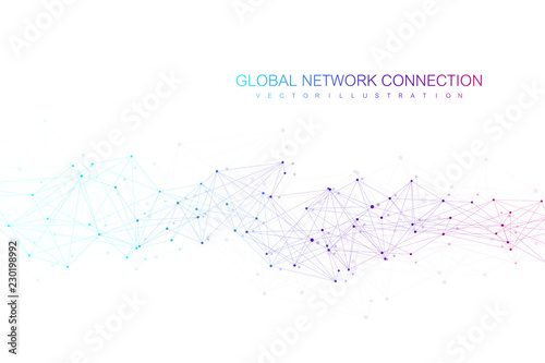 Geometric abstract background with connected line and dots. Network and connection background for your presentation. Graphic polygonal background. Scientific vector illustration.