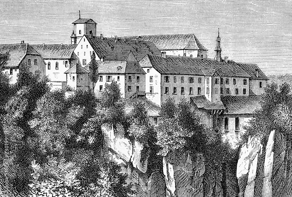 Vintage engraving of Mariastein abbey, Benedictine monastery  in the Canton of Solothurn on the Jura hills, important place of pilgrimage in Switzerland