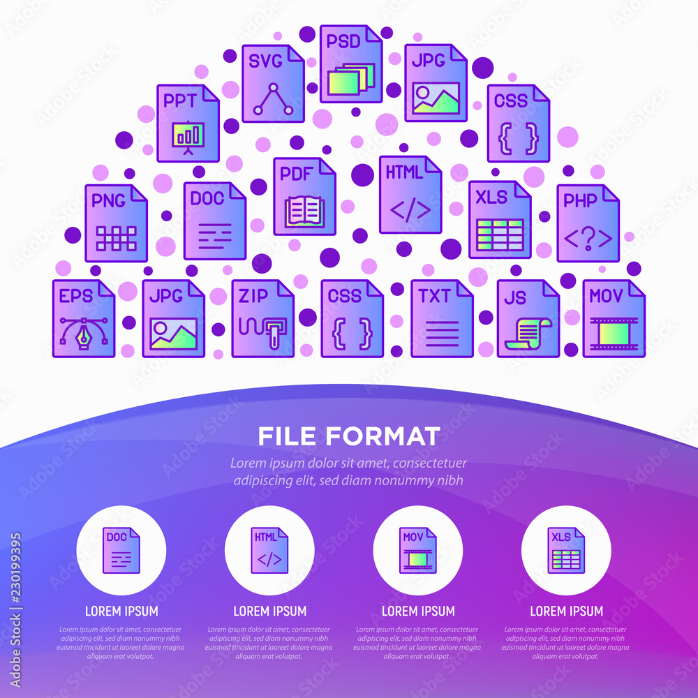 File formats concept in half circle with thin line icons: doc, pdf, php, html, jpg, png, txt, mov, eps, zip, css, js. Modern vector illustration, web page template.