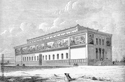 Vintage engraving of the Neue Pinakothek of Munich (now Alte Pinakothek), the largest museum in the world established in 1836 in neo-Renaissance castle-like style photo