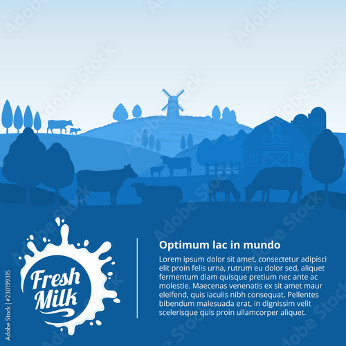 Vector milk illustration with cows, calves and farm