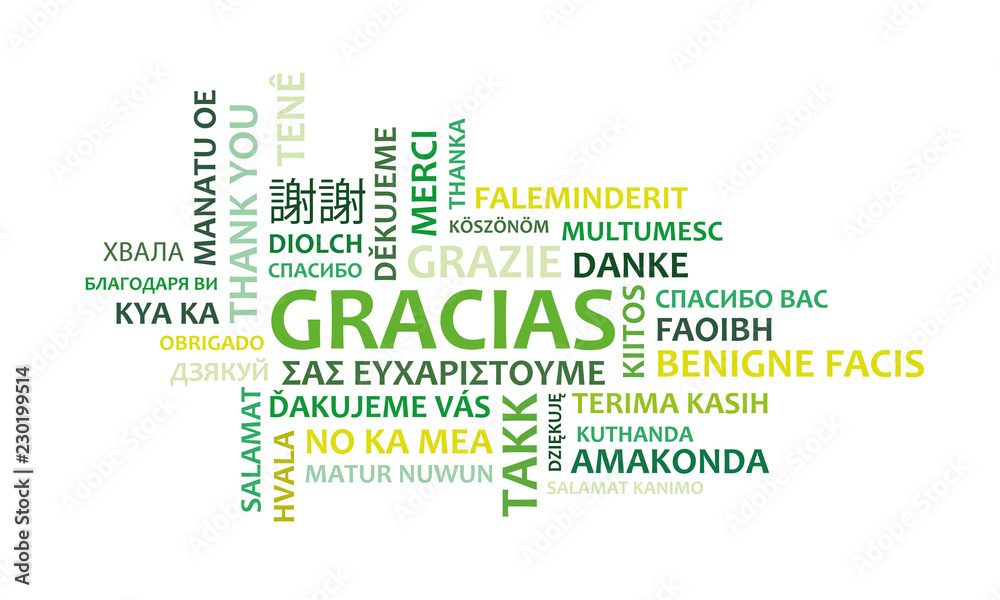 Word thanks in several languages and greenish tone