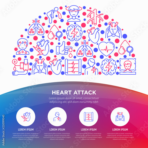 Heart attack symptomps concept in half circle thin line icons: dizziness, dyspnea, cardiogram, panic attack, weakness, acute pain, cholesterol level, nausea. Vector illustration, print media template