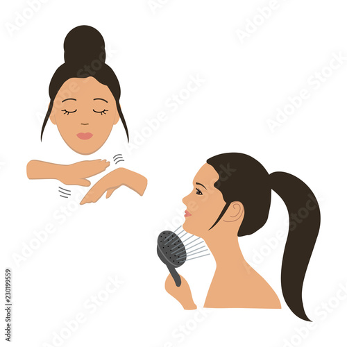 Face building. Exercises to maintain facial contours, to avoid the second chin. Massaging the chin with the hands and watering from the shower tube. Vector illustration