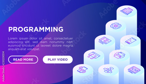 Programming concept with thin line isometric icons: developer, code, algorithm, technical support, program setup, porting, compilation, app testing, virus. Vector illustration, web page template.