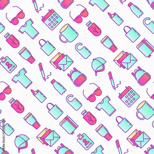 Promotional products seamless pattern with thin line icons: notebook, tote bag, sunglasses, t-shirt, water bottle, pen, backpack, cup, hat, travel mug, usb, lighter, calendar. Vector illustration.