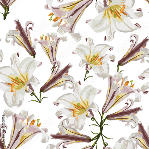 Fototapeta Naklejka Na Ścianę i Meble -  Beautiful white lilies flowers in watercolor style. Seamless pattern on white background.