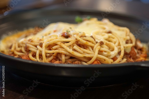 spaghetti bolognese close up with selected focus